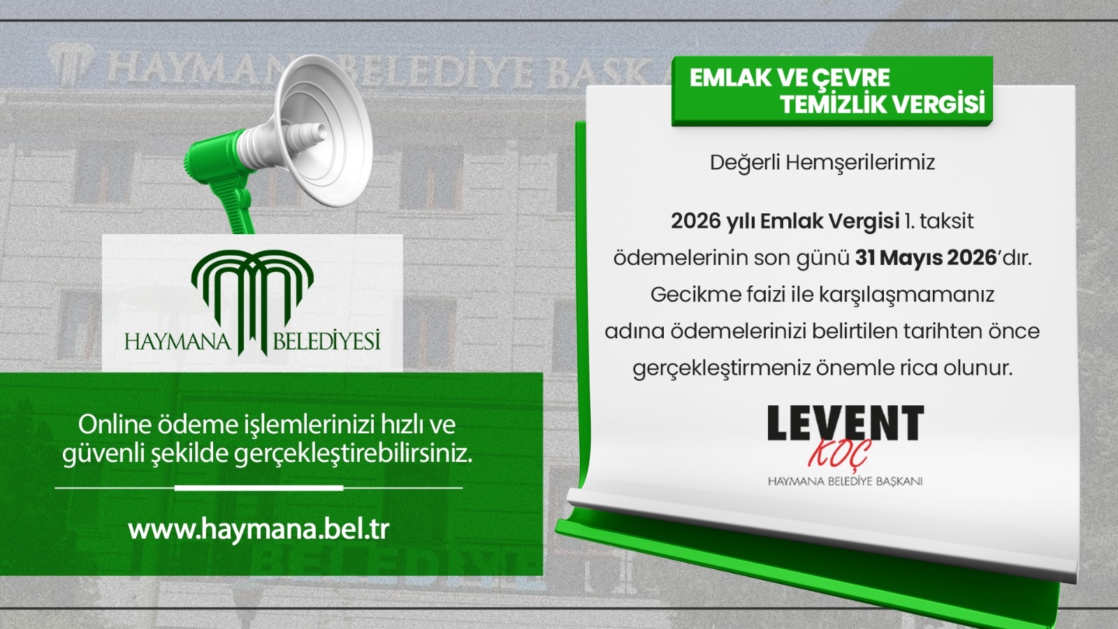 BELEDİYEDEN EMLAK VE ÇTV HATIRLATMASI
